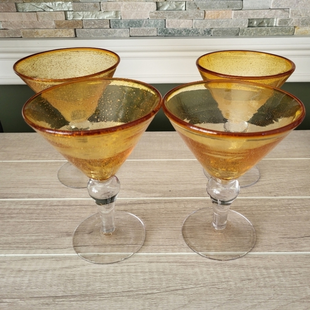Pier 1 Amber Bubble Blown Martini Glasses Set‎ of 4